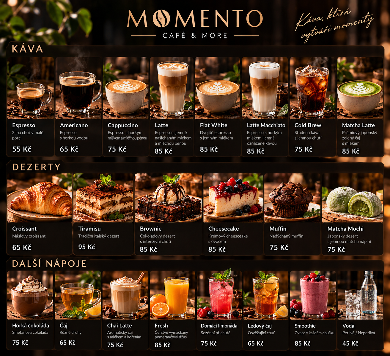 Kompletní menu kavárny Momento